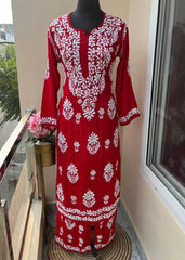 Handcrafted Lucknowi Chikankari Kurti Plazzo Co-Ord for Women and Girls Red Closeup