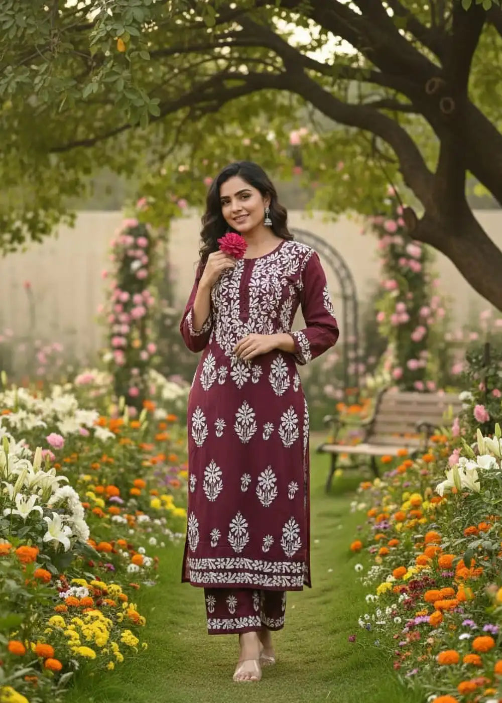 Lucknowi Chikankari Kurti Palazzo Co-Ord Set Indian Ethnic Wear