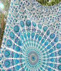 Turquoise Mandala Twin Tapestry Boho Bedspread Dorm Decor