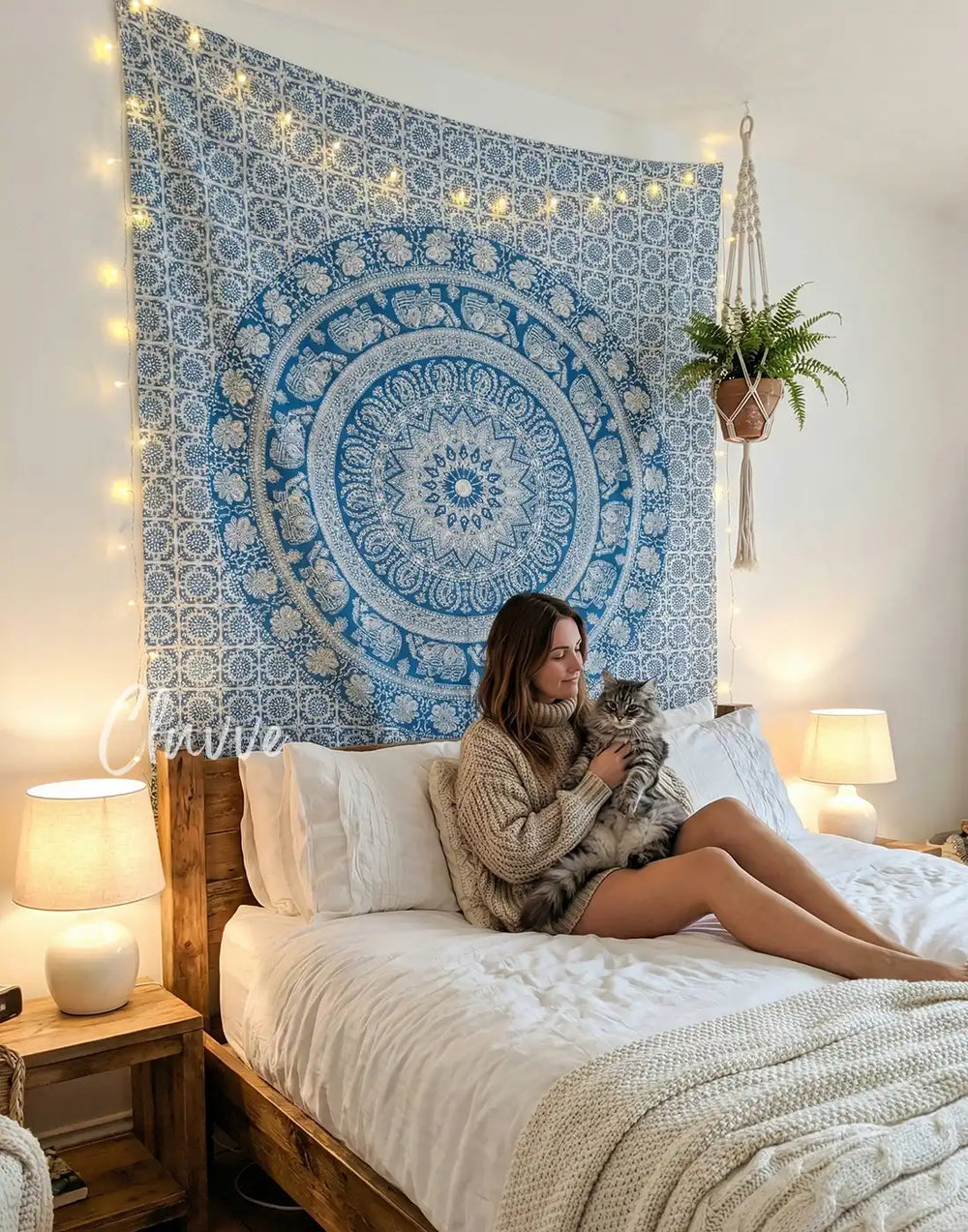 Blue Indian Mandala Wall Hanging Bohemian Elephant Twin Bedspread Yoga Meditation Throw