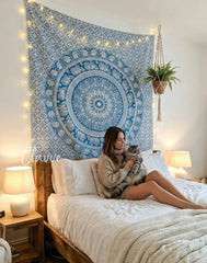 Blue Indian Mandala Wall Hanging Bohemian Elephant Twin Bedspread Yoga Meditation Throw