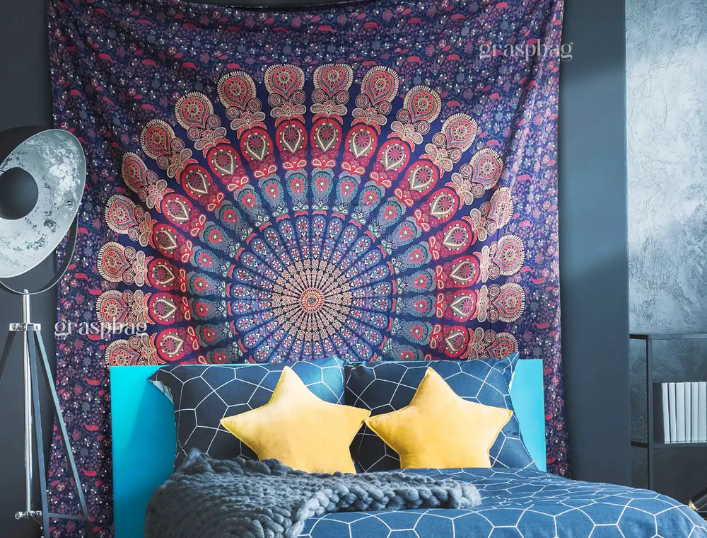 Blue Mandala Tapestry Hippie Queen Bedspread Tapestries Wall Hanging
