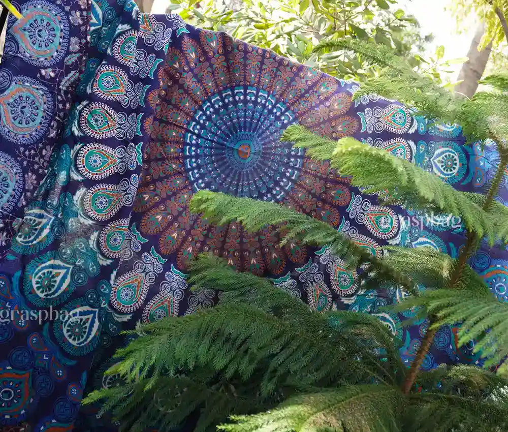 Blue mandala round tapestry for boho home decor, tablecloth, or beach mat