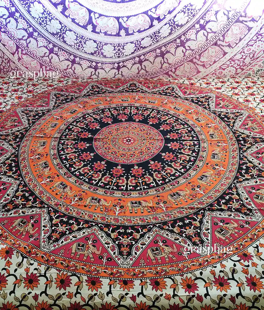 Boho Tapestry Mandala Indian Elephant Wall Hanging Twin Bedspread Red Orange