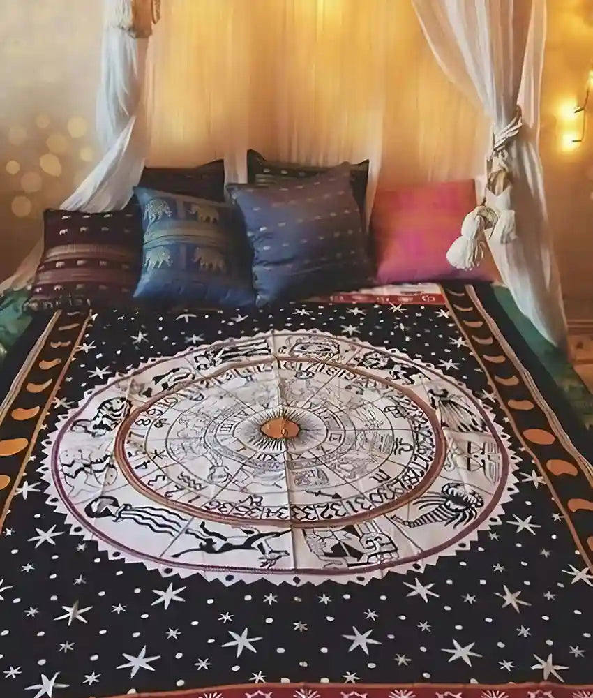 Celestial Tapestry Astrology Wall Hanging Hippy Moon Decor Boho Indian Bedsheet white