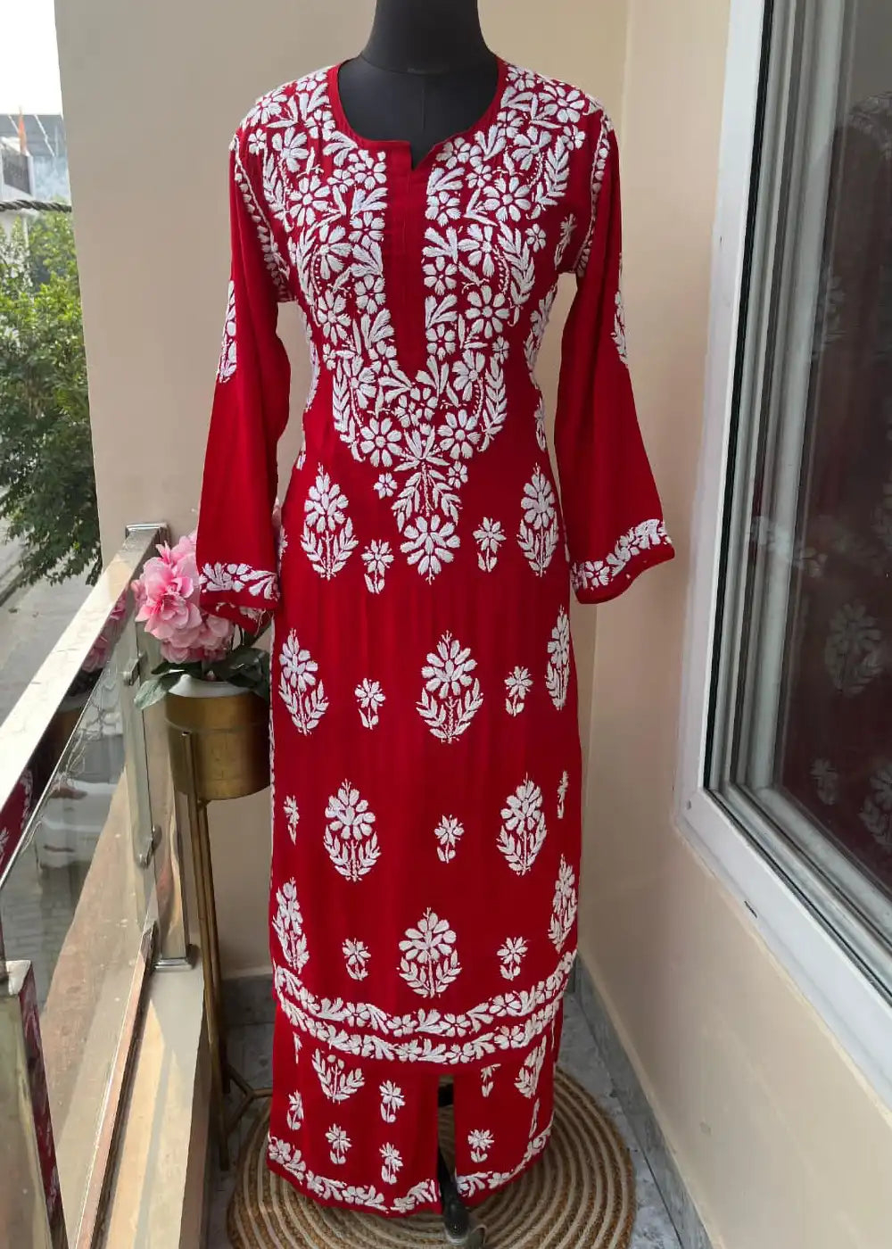 Handcrafted Lucknowi Chikankari Kurti Plazzo Co-Ord for Women and Girls Red Closeup