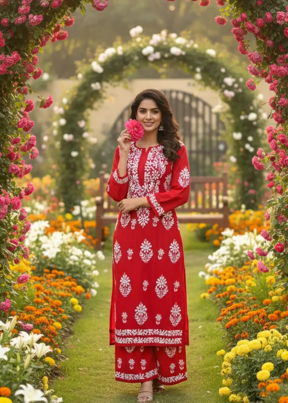 Handcrafted Lucknowi Chikankari Kurti Plazzo Co-Ord for Women and Girls