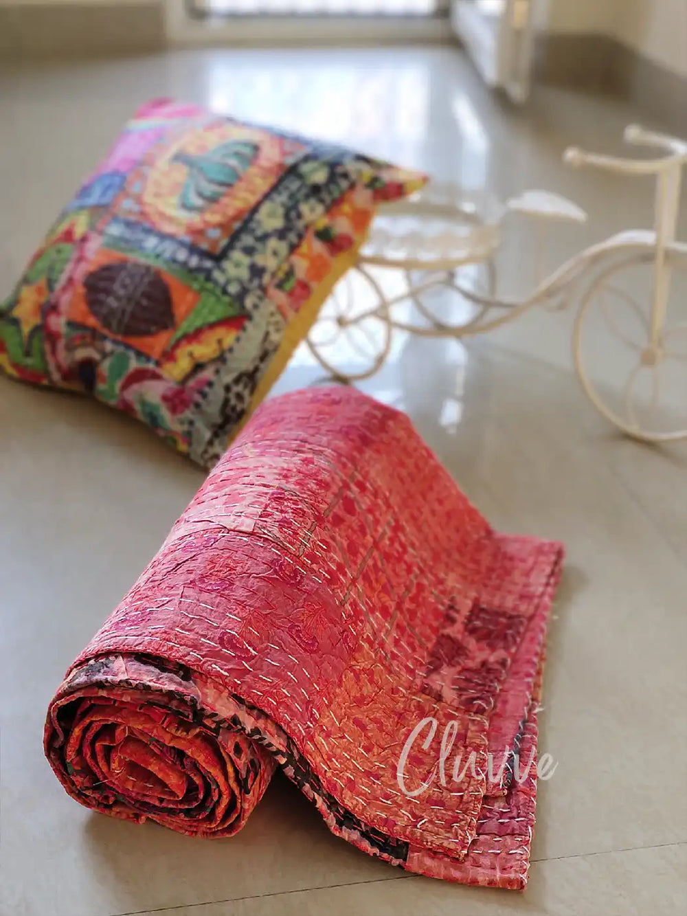 Indian Kantha Quilt Patchwork Throw Twin Bedspread Coral