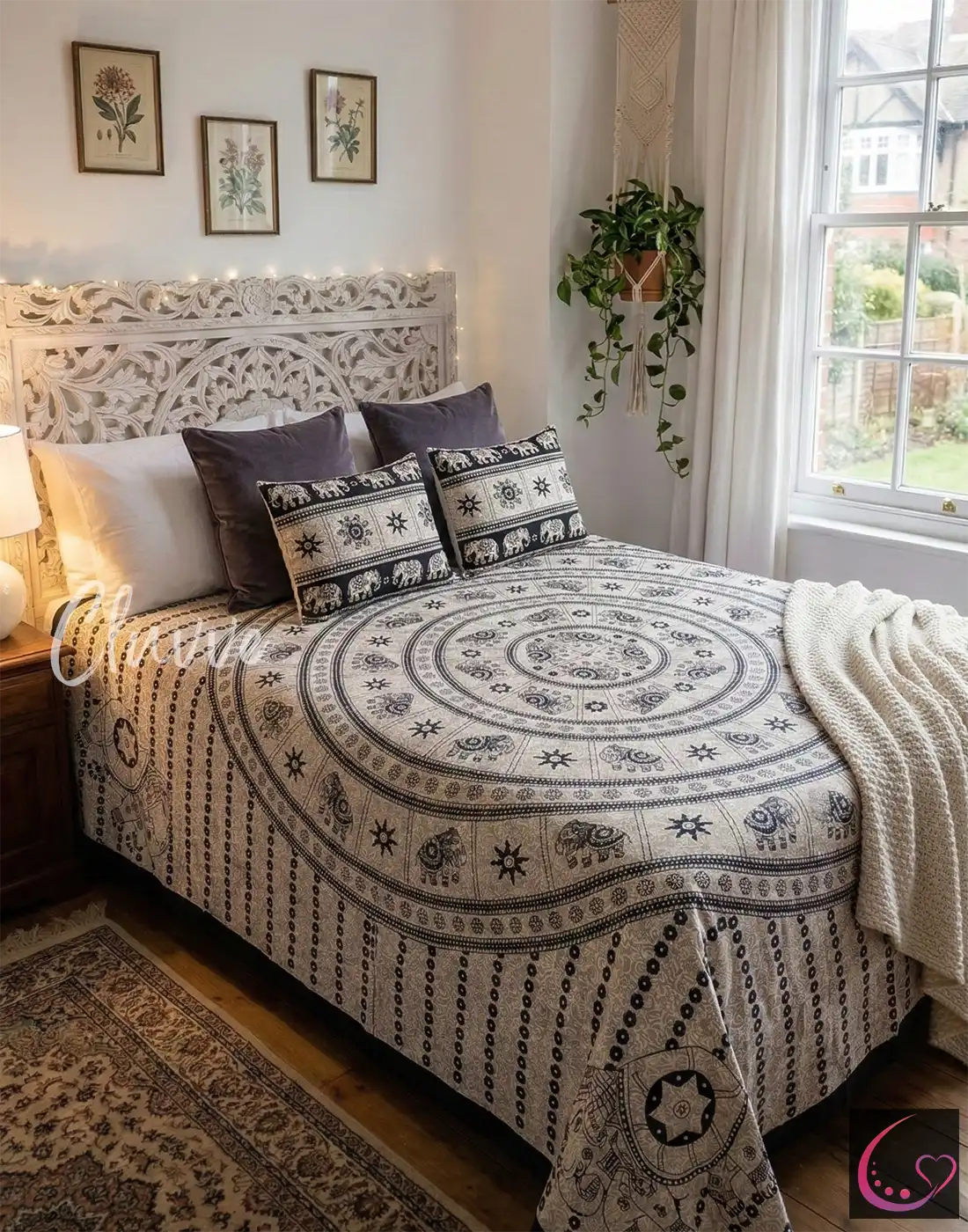 Large Queen Size Black Cream Elephant Mandala Bedspread Boho Wall Tapestry