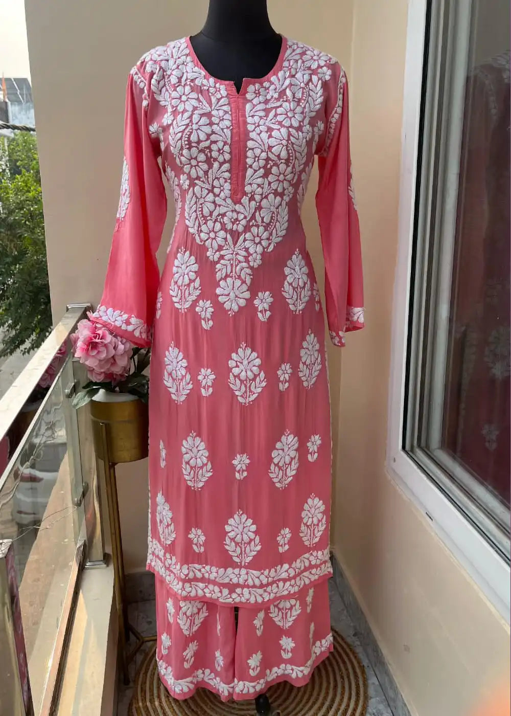 Lucknowi Chikankari Kurti with Plazzo Indian Co-Ord Set for Women Dusky Rose Closeup