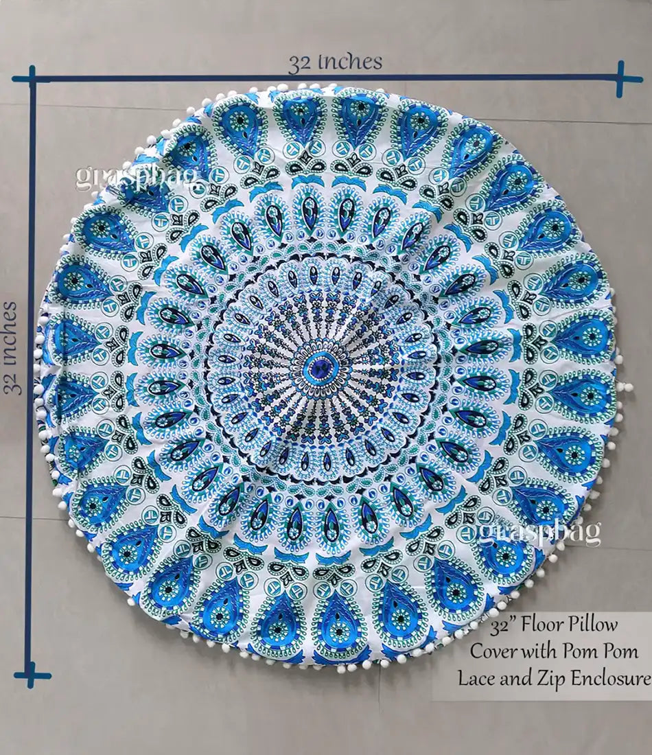 Mandala Floor Cushion Cover Kids Ottoman Seating Pom Pom Lace Size Details
