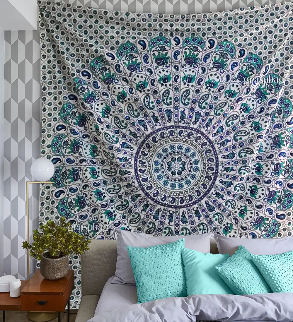 Paisley Mandala Tapestries Elephant Tapestry Boho Wall Hanging Camel Queen Bedspread Dorm Decor Purple Green