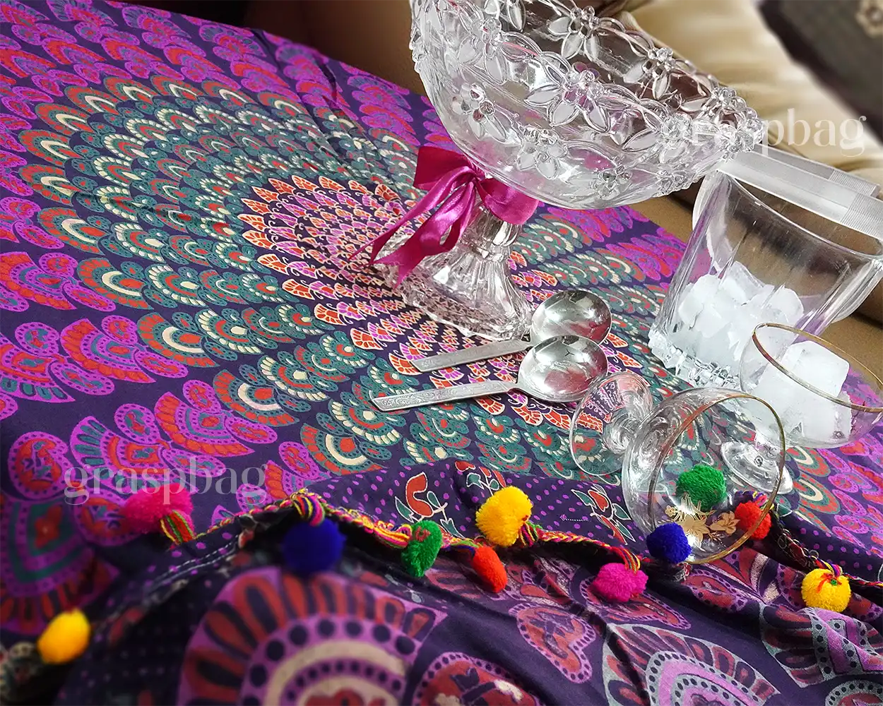 Pink Round Tapestry Boho Mandala Table Cover Hippy Sofa Throw Pom Pom Lace