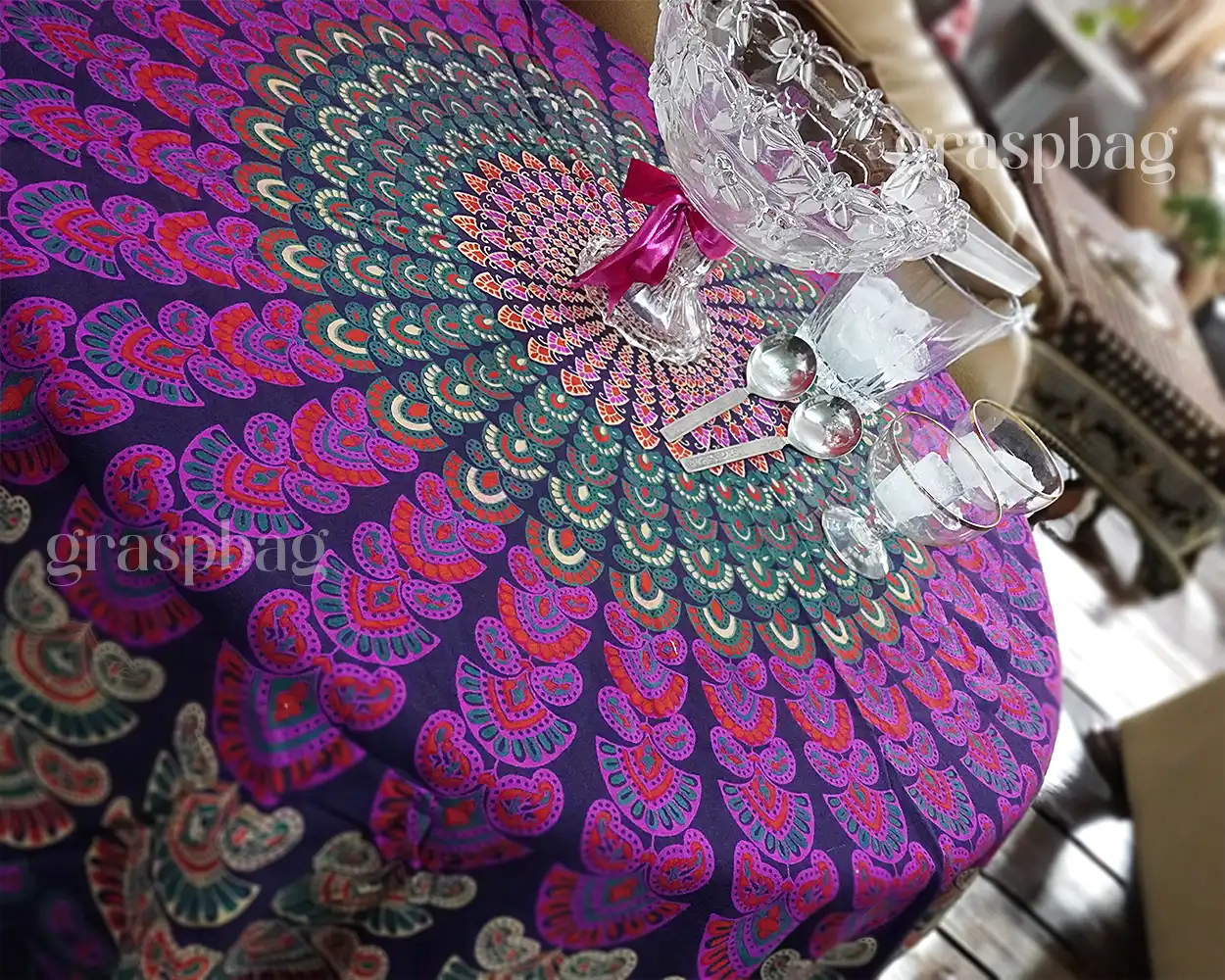 Purple Mandala Tapestry Round Table Cover Hippie Sofa Throw Pom Pom Lace