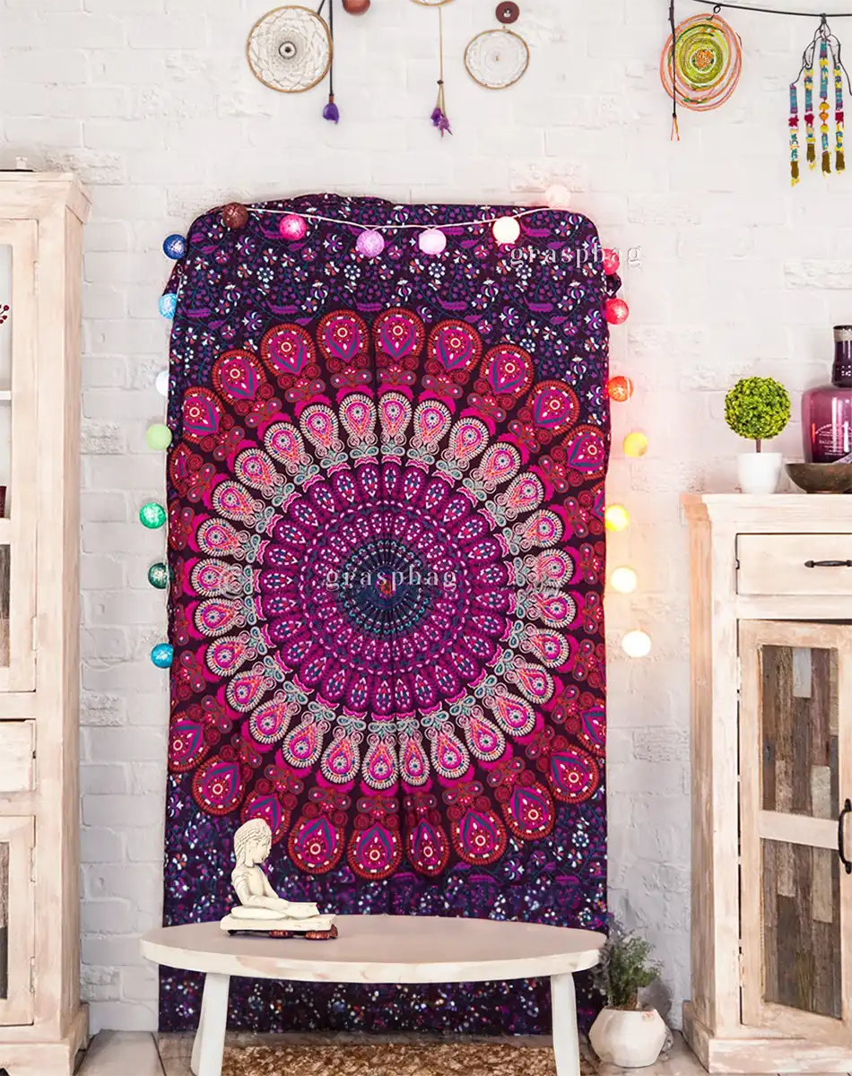 Purple Tapestry Boho Twin Bedspread Mandala Wall Tapestries