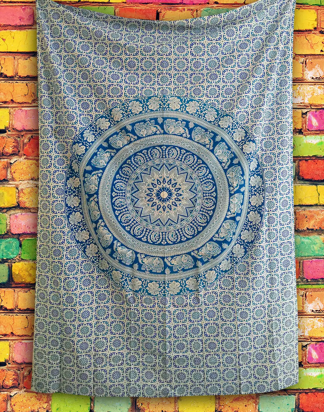 blue white Indian elephant tapestry wall hanging Hippie mandala bedspread throw