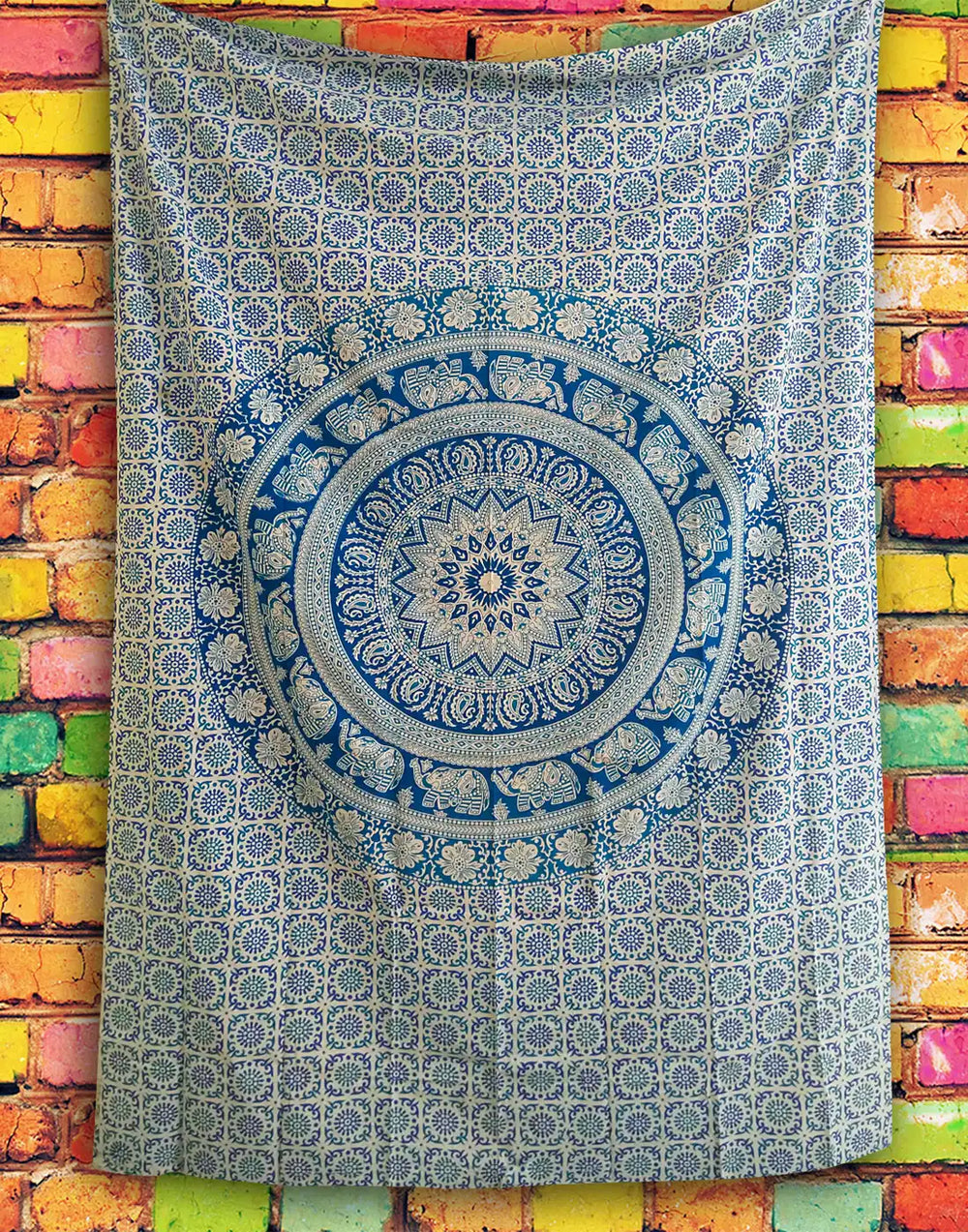 blue white Indian elephant tapestry wall hanging Hippie mandala bedspread throw
