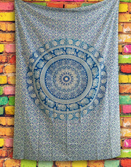 blue white Indian elephant tapestry wall hanging Hippie mandala bedspread throw
