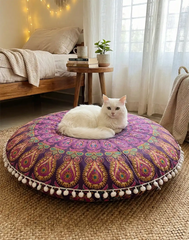 Bohemian Mandala Round Pouf Cushion Cover Golden Floor Seating Ottoman